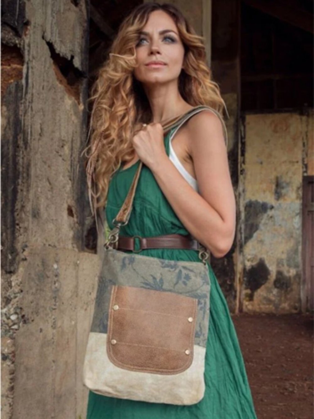 EUC Myra Bags Leather Pocket Upcycled Canvas Shoulder Bag